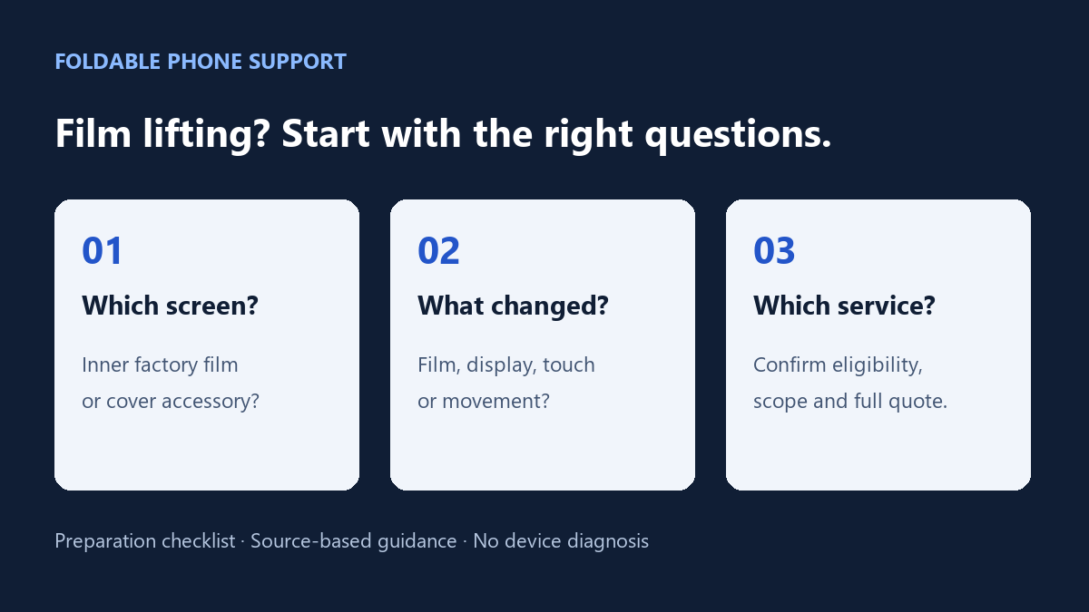 Foldable service checklist: identify the screen, record the symptom and confirm the service scope