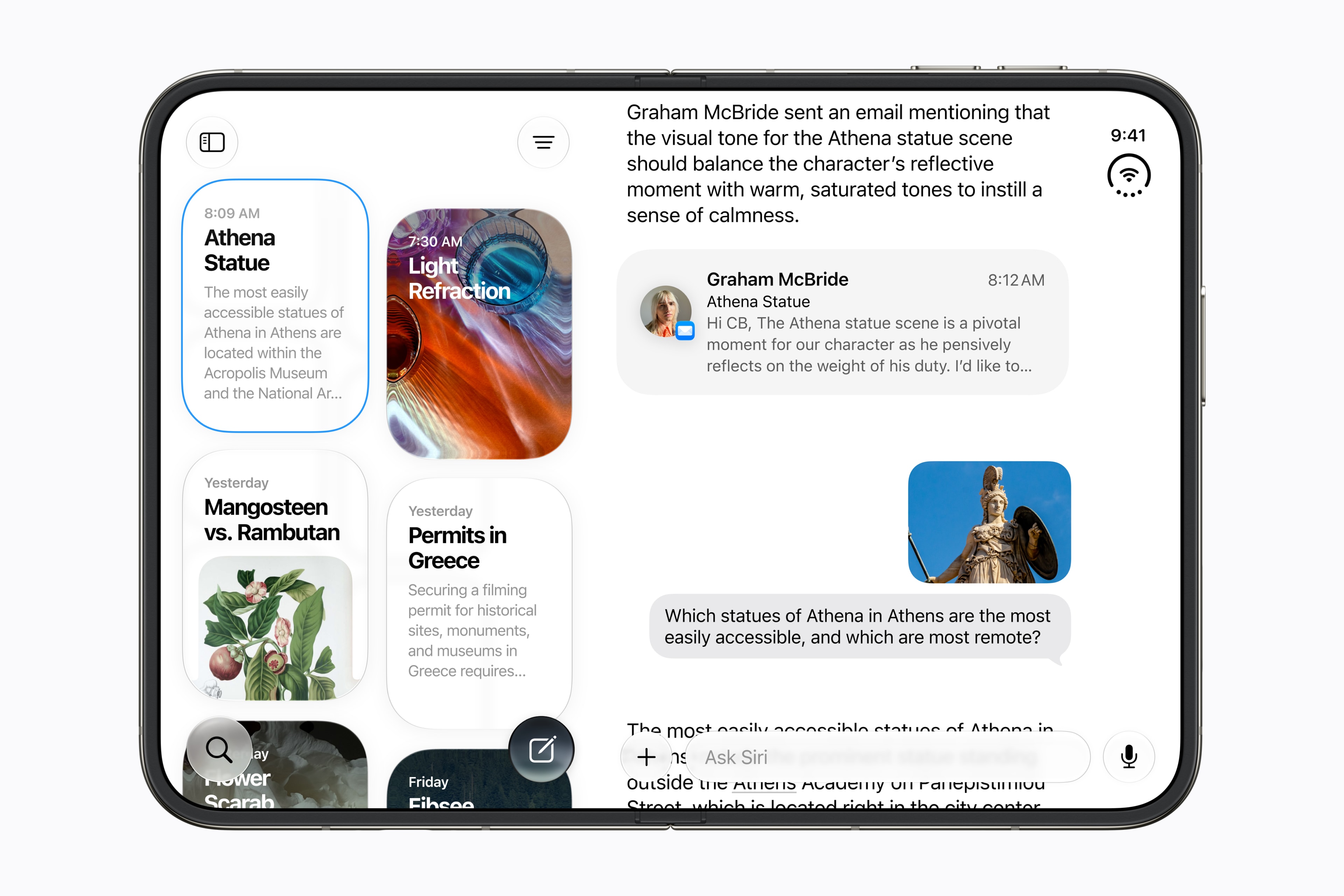 Apple press image of the Siri app on an open iPhone Duo